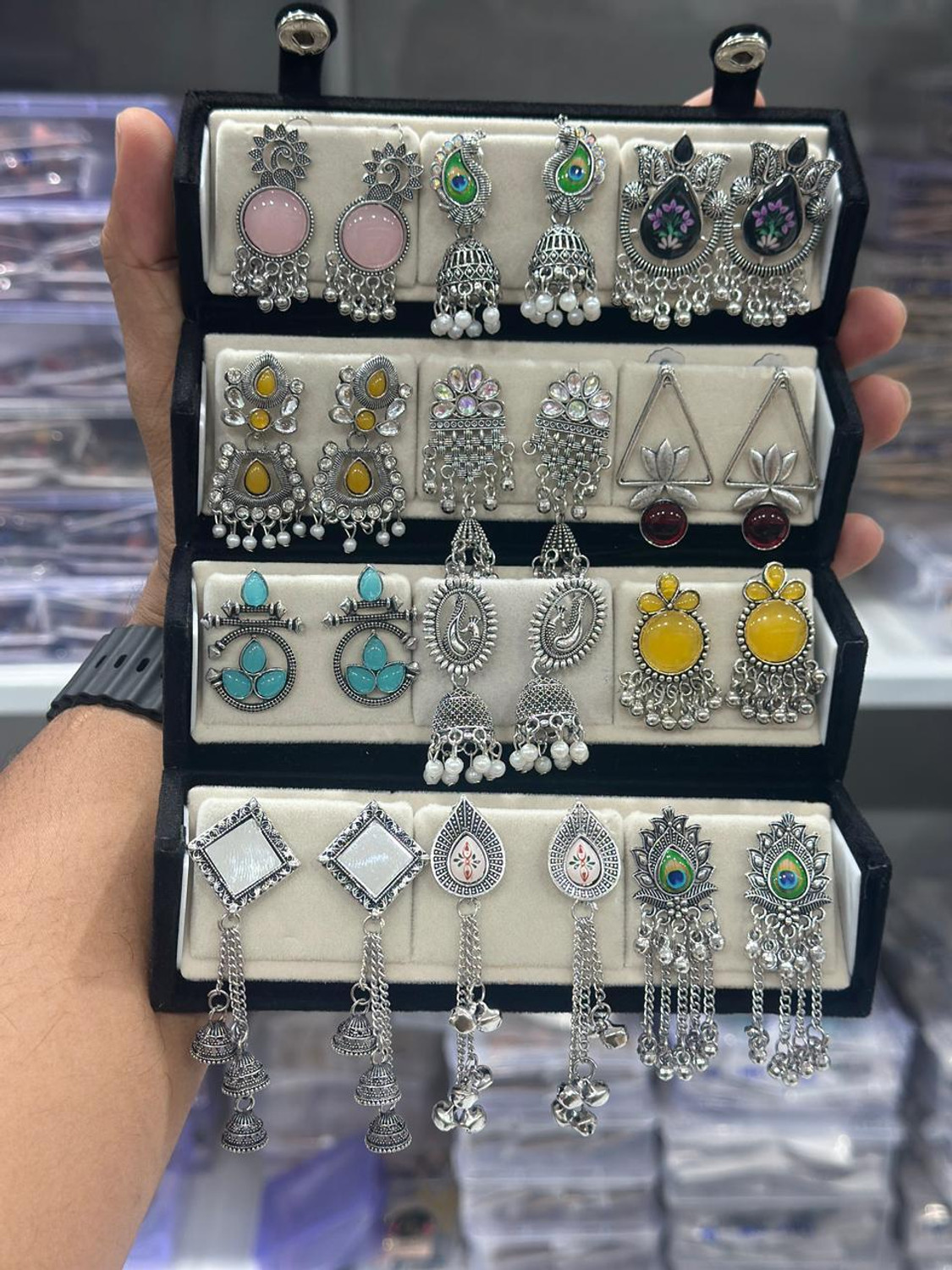 Image of Antico 12 Pair Random Jaipuri Silver Oxidised Jhumki Earrings with Velvet Earring Box. Beads, Diamond, Pearl Alloy Jhumki Earring, Drops & Danglers