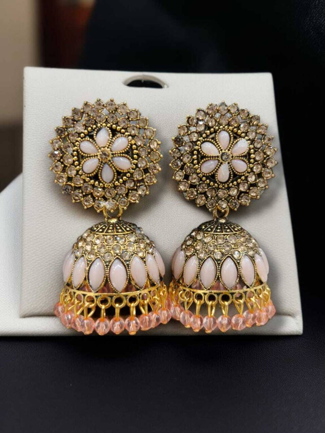 Antico Peach Color Diamond Studded Oxidised Jhumka Earrings for Women Alloy Jhumki Earring, Earring Set
