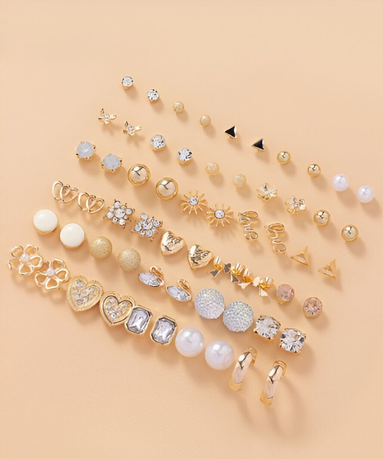 Image of Vembley Set Of 30 Pairs Gold-Plated Trendy Crystal & Pearl Stud Earring for Women Cubic Zirconia, Crystal, Pearl Alloy Stud Earring