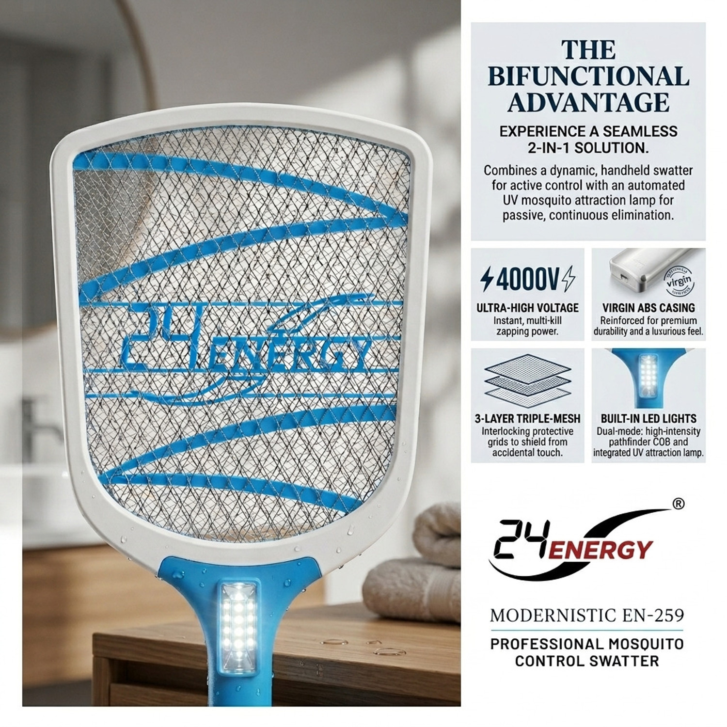 Image of 24 ENERGY Rechargeble 24 Energy Premium Large Head Mosquito Swatter - EN 259 MS Electric Insect Killer