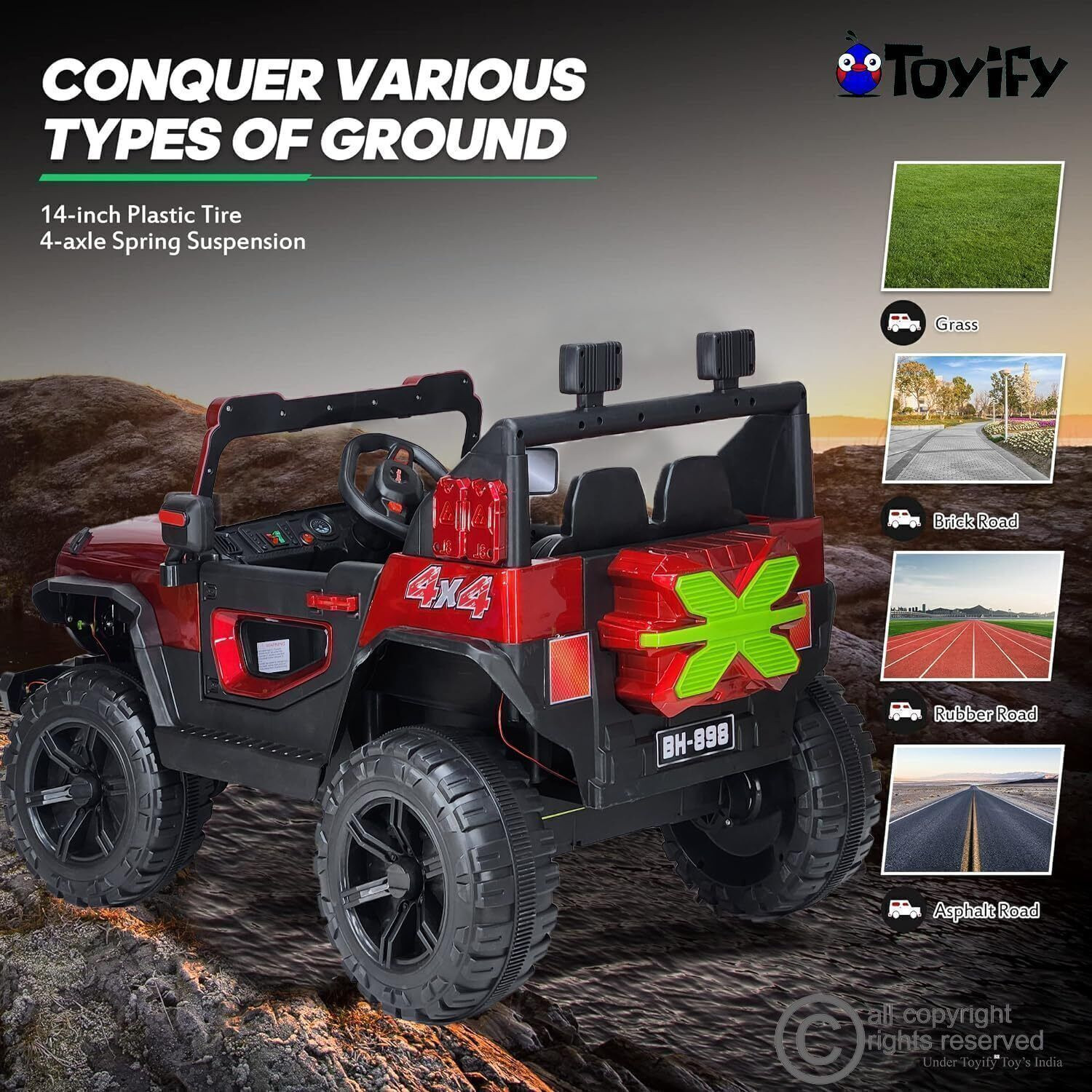 Image of Toyify Off-road 12V Kids Driving Electric Car (1-8 Yrs) | 4x4 Motors | Thar Car Jeep Battery Operated Ride On
