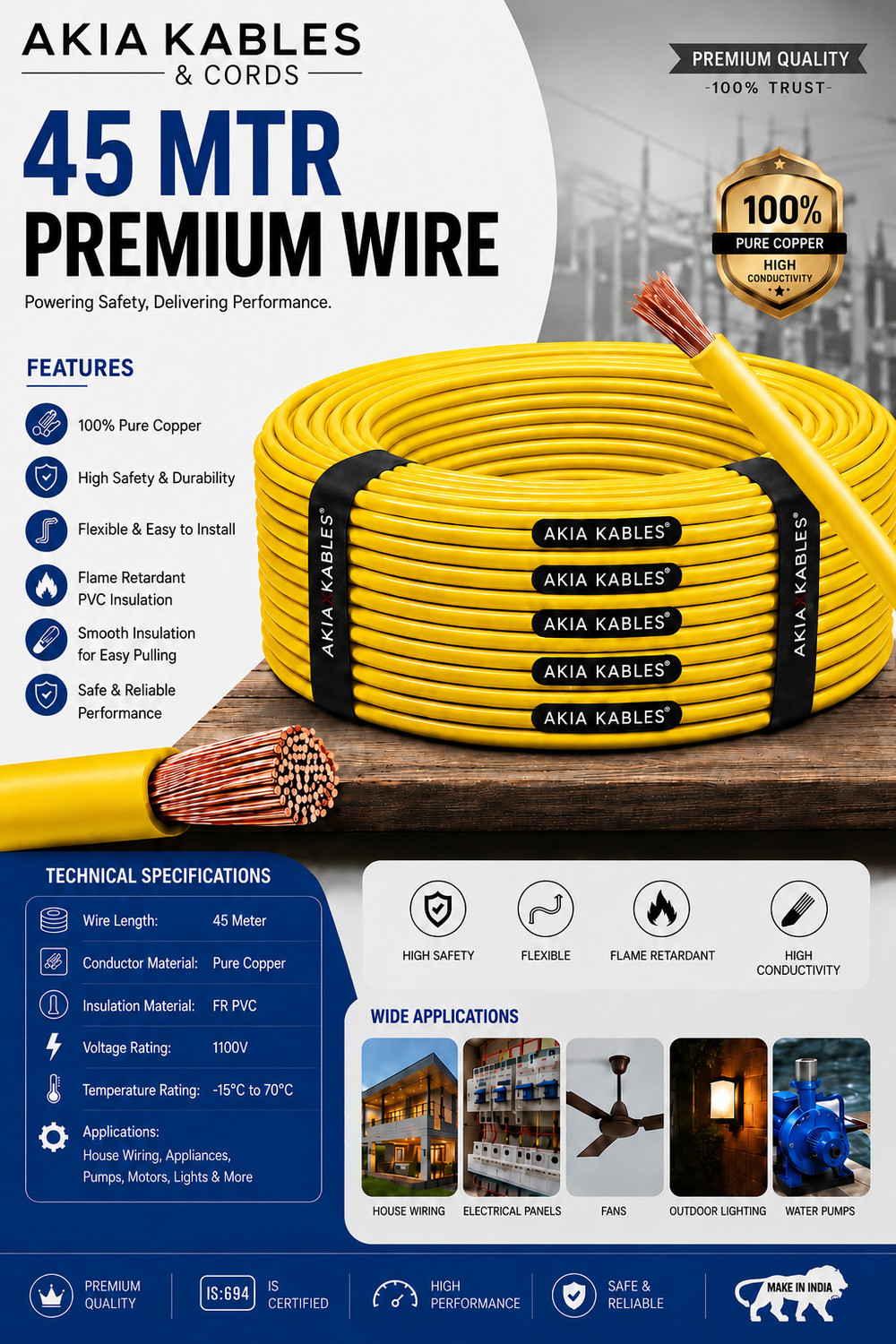 Image of AKIA KABLES 1 SQ MM |45M | PVC Insulated C Wire, Single Core Industrial Wiring Cable 1 sq /mm Yellow 45 m Wire