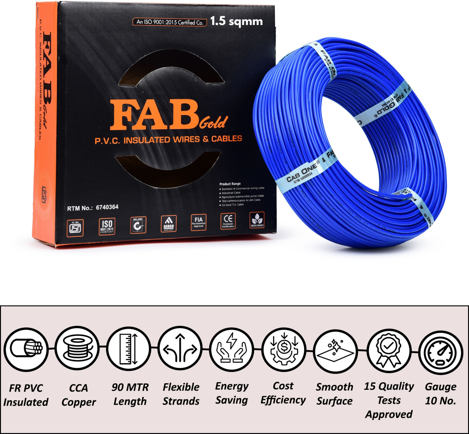 Image of Kripa FAB GOLD 1.5 sqmm Copper Multi Strand House Fitting PVC Electric Wire Cable 90M 1.5 sq /mm Blue 300 ft. Wire