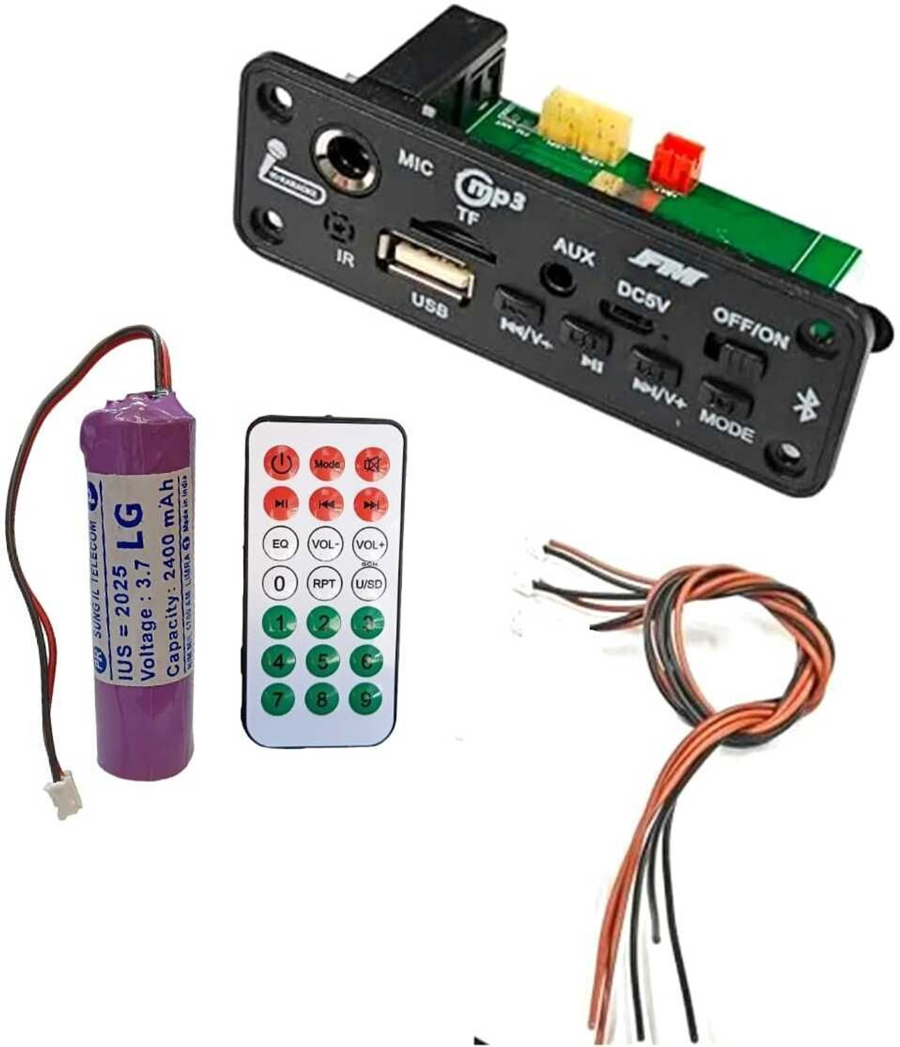 Image of DKGROW Bluetooth MP3 Module with Remote 2400mAh Battery 2 Connector Wires| USB ,MIC AUX Electronic Components Electronic Hobby Kit