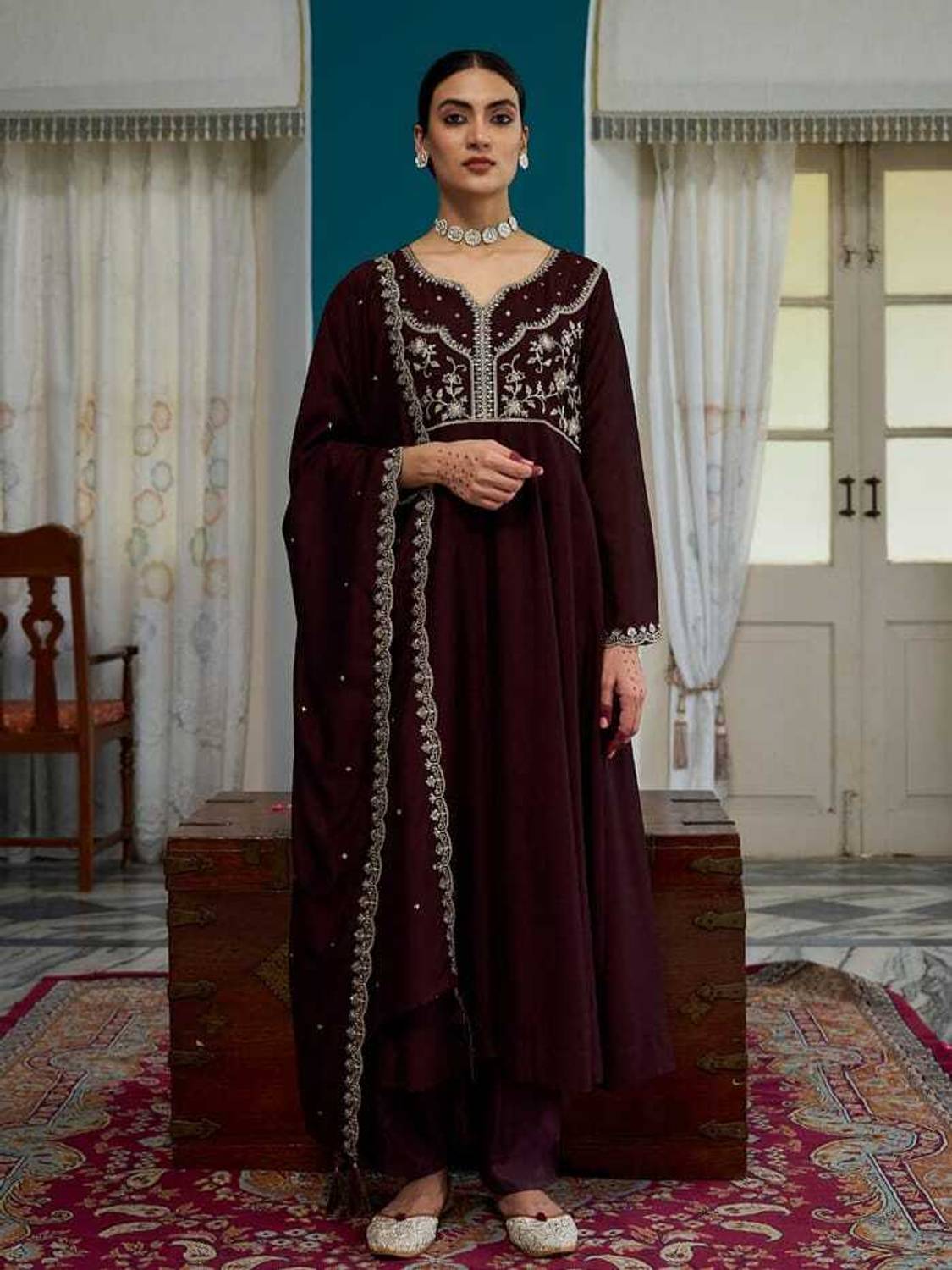 ARVILAS Embroidered Anarkali Kurta, Bottom & Dupatta Set