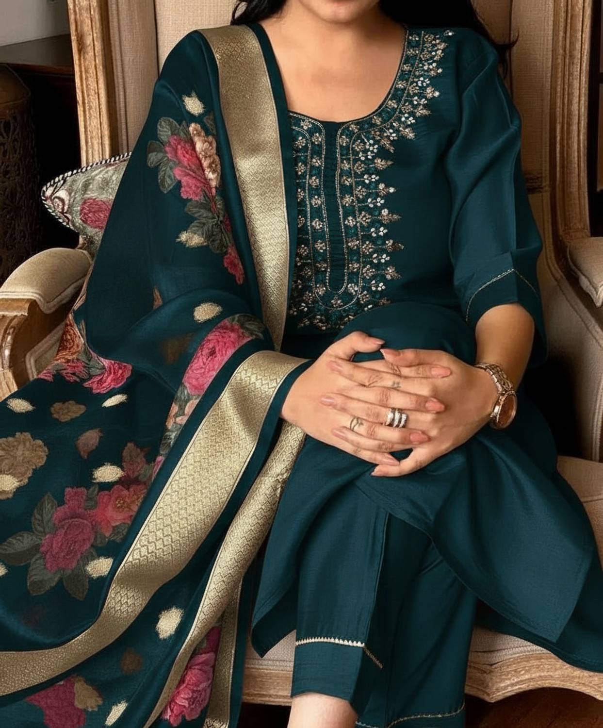 MISS CLOTHING Women Tussar Silk Kurta Pant Set with Dupatta - Image 5