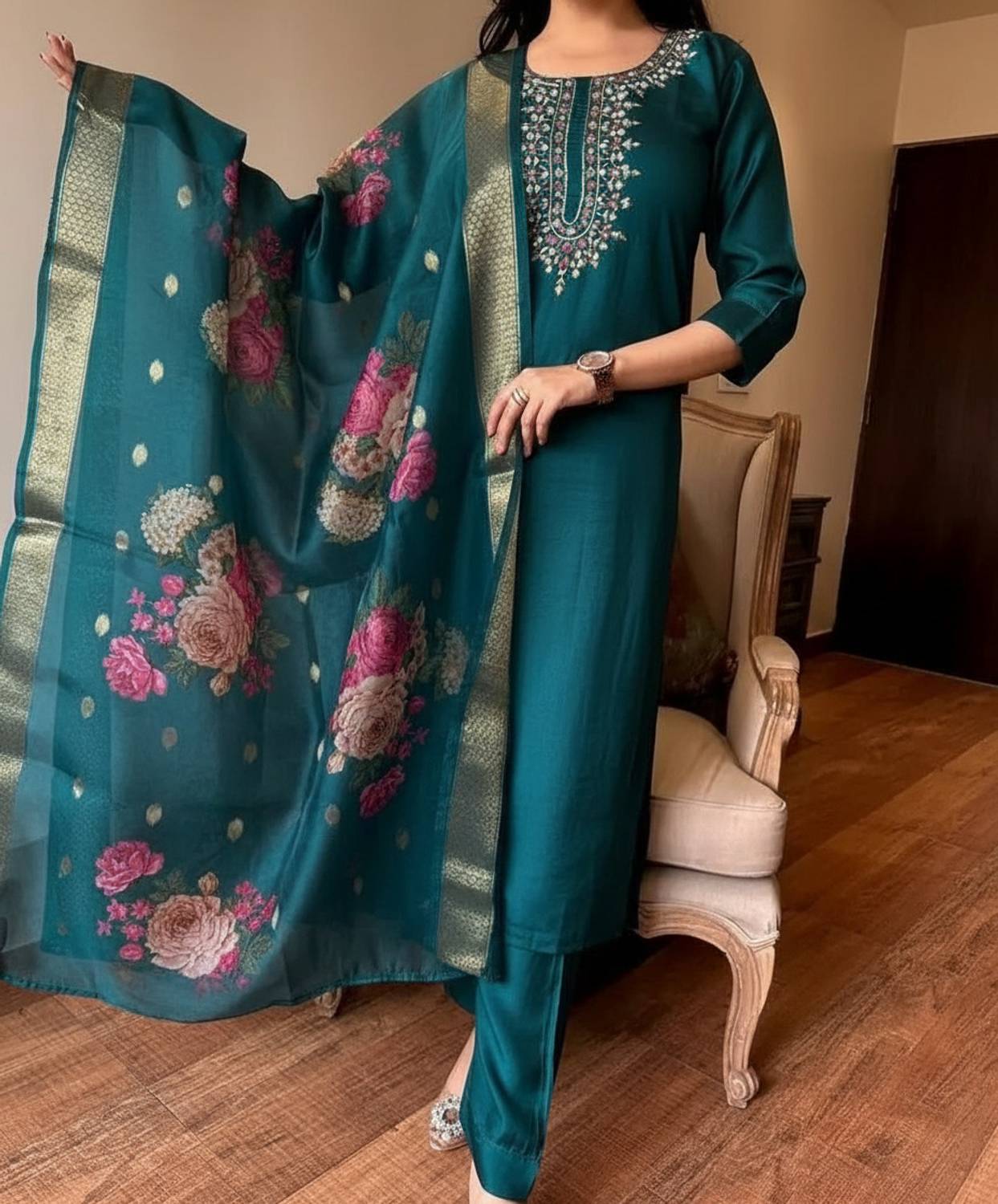 MISS CLOTHING Women Tussar Silk Kurta Pant Set with Dupatta - Image 3