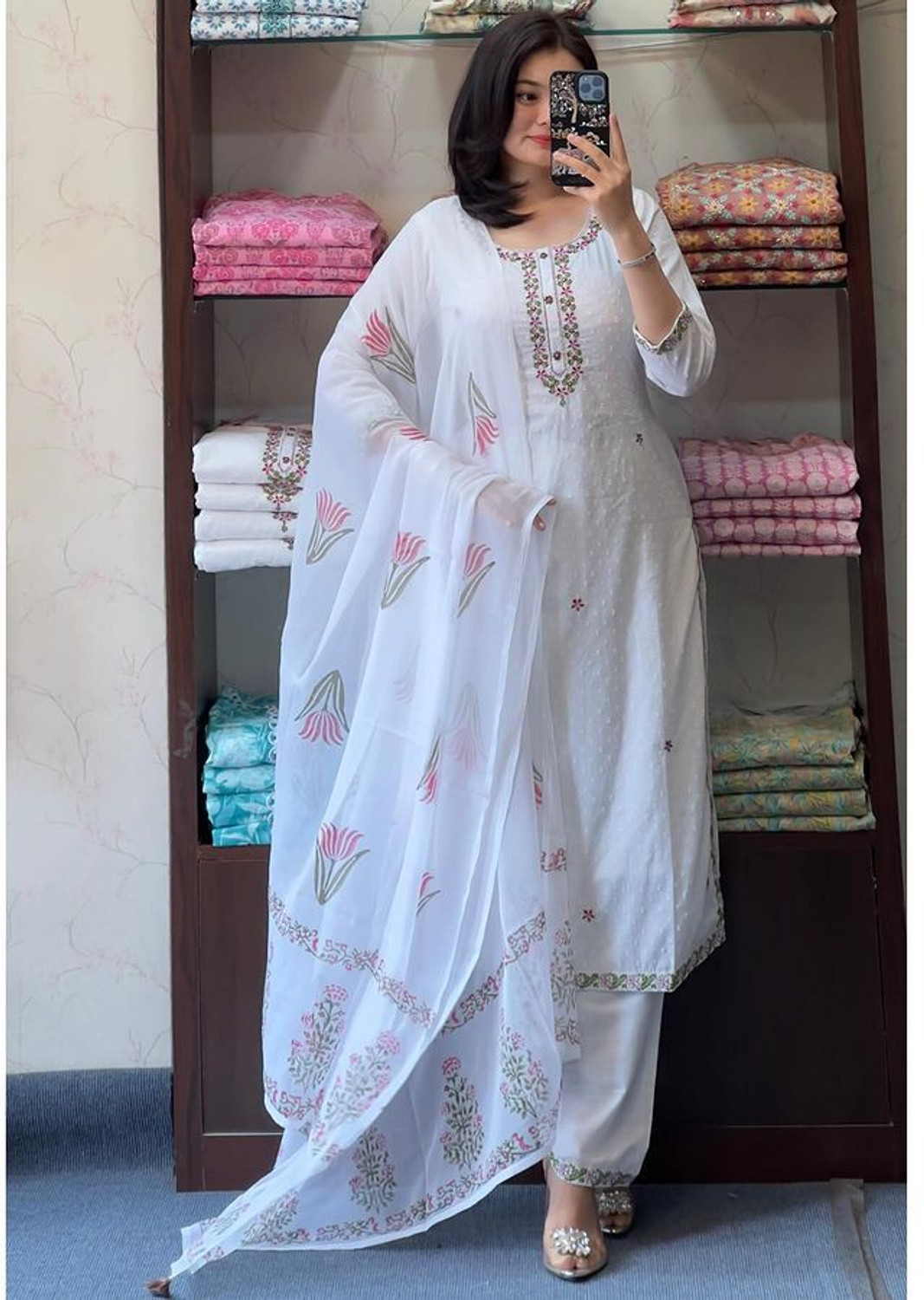 Image of kiwastudio Embroidered Kurta, Trouser /Pant & Dupatta Set