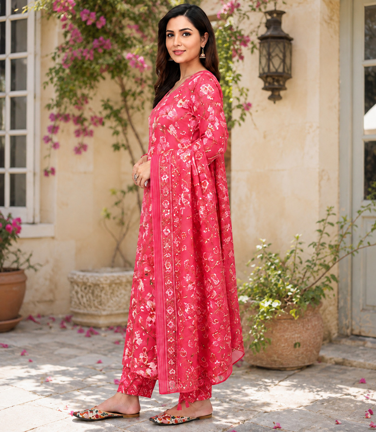 Image of Monafashion Floral Print Kurta, Trouser /Pant & Dupatta Set