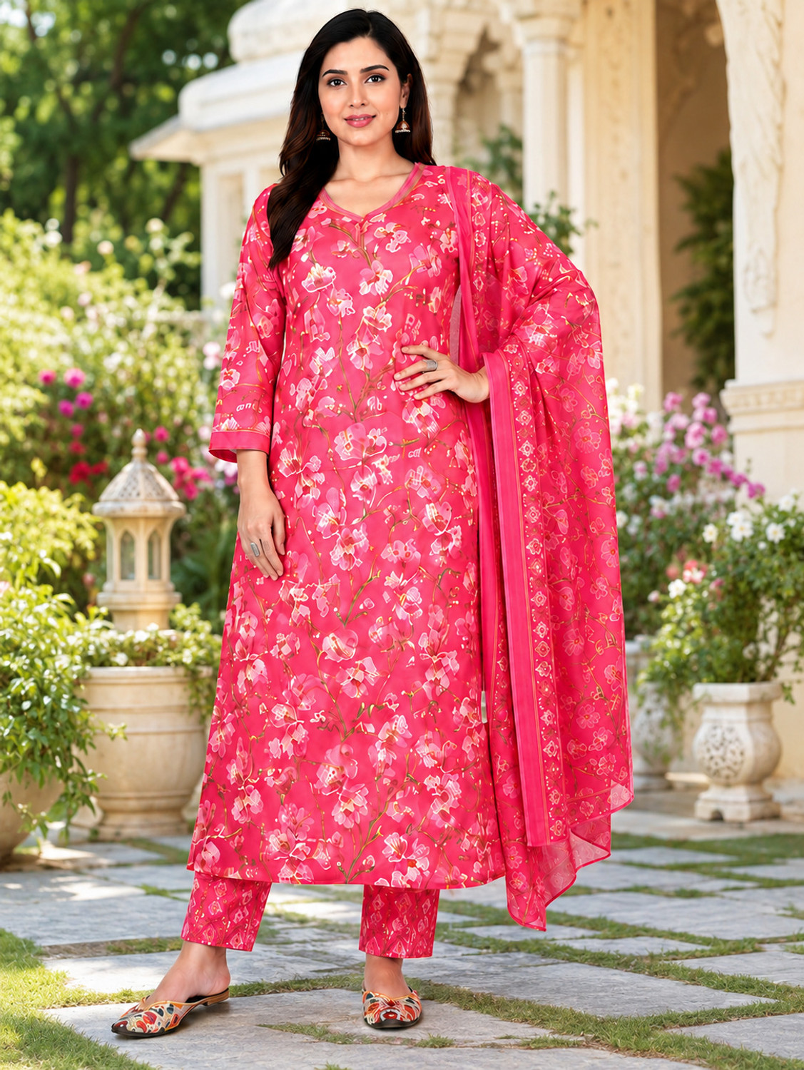 Image of Monafashion Floral Print Kurta, Trouser /Pant & Dupatta Set