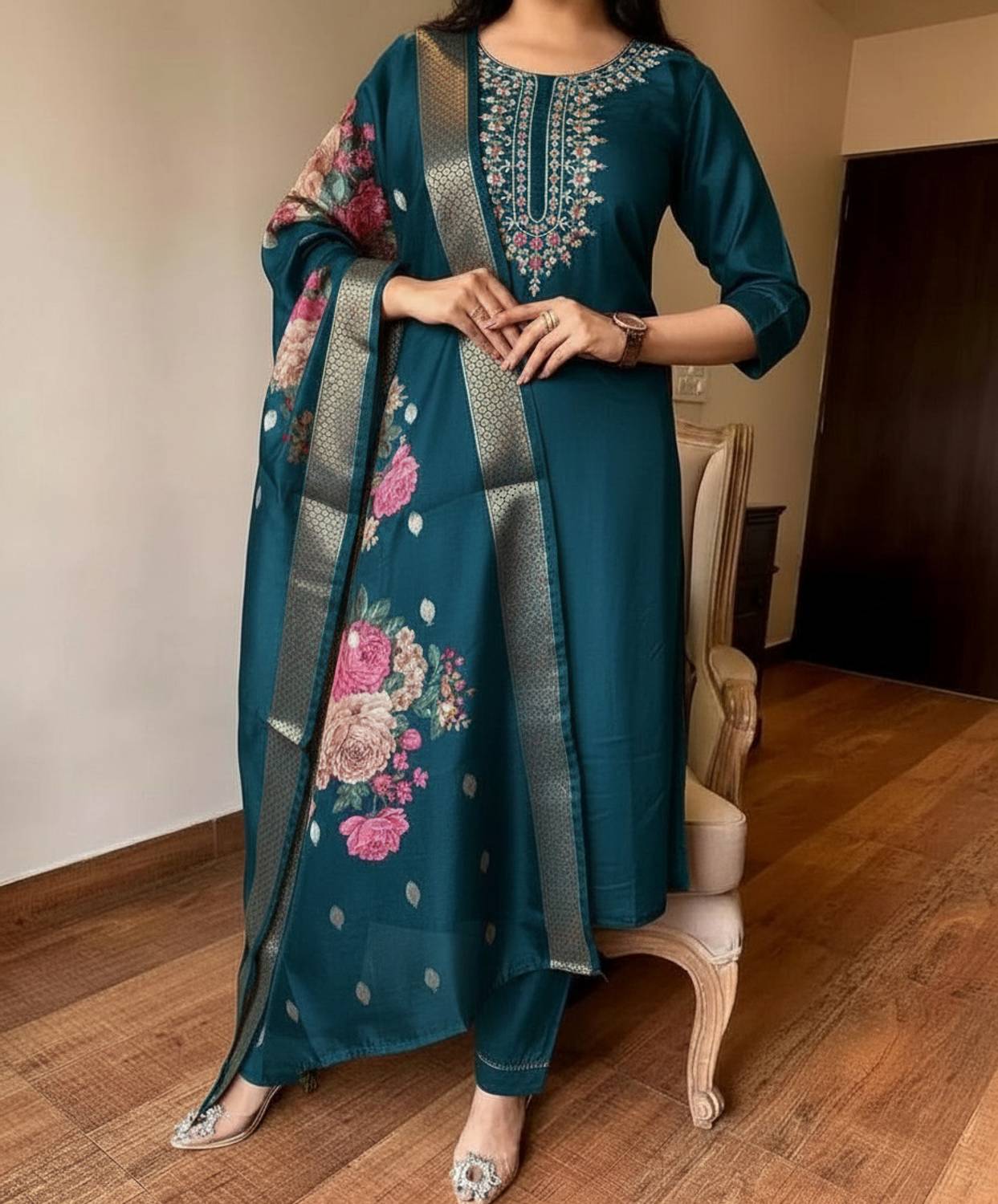 MISS CLOTHING Women Tussar Silk Kurta Pant Set with Dupatta - Image 1