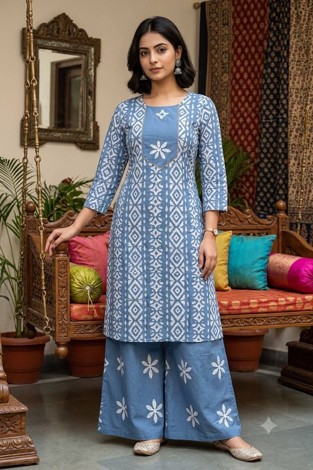 Image of SUBHAN CLOTHING Women Khadi Cotton Kurta Palazzo Set