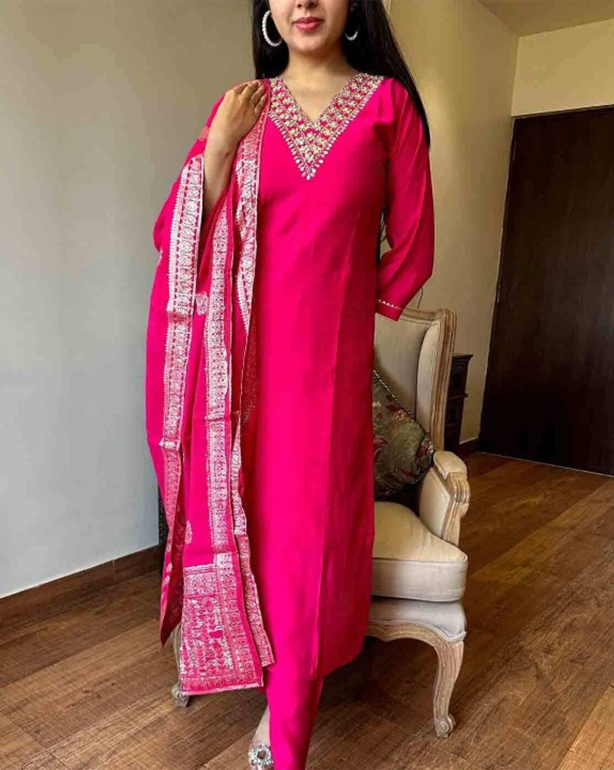 Image of FORENCIA Embroidered Anarkali Kurta, Bottom & Dupatta Set