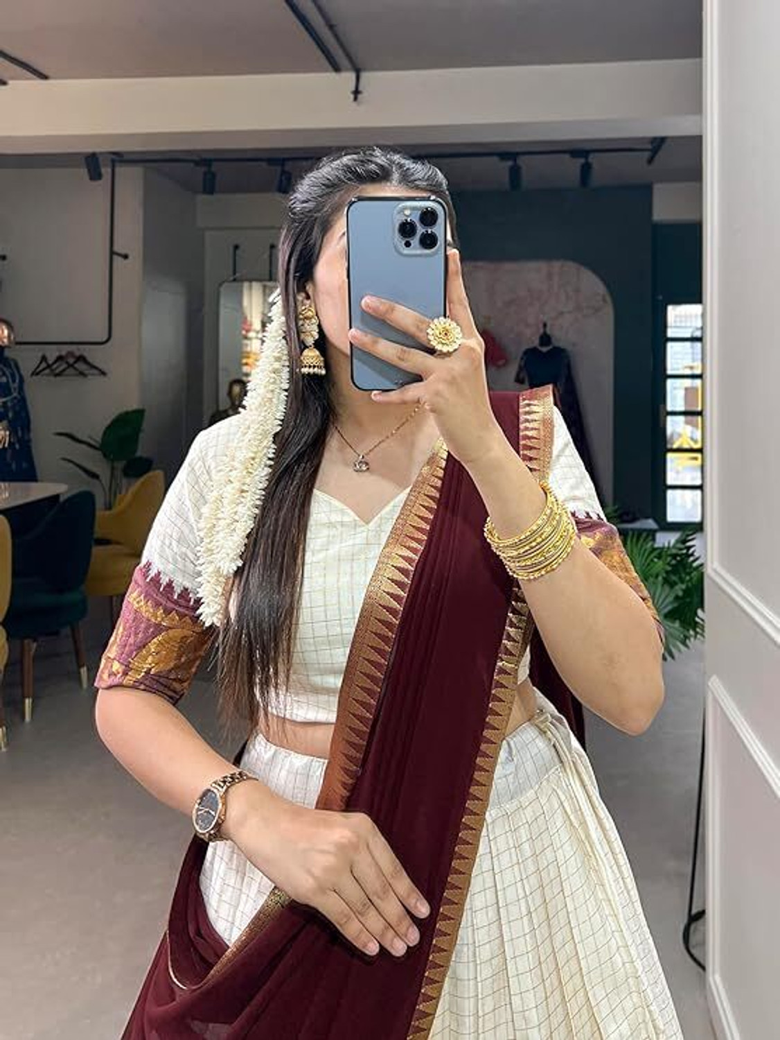 Image of MRRSH EMPORIUM Self Design Semi Stitched Lehenga Choli (White, Maroon)