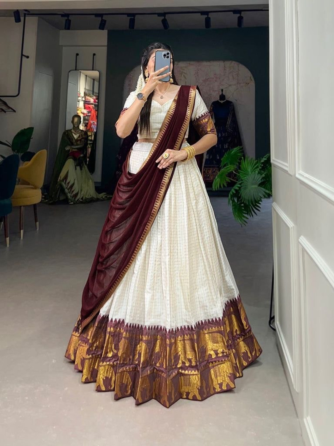 Image of MRRSH EMPORIUM Self Design Semi Stitched Lehenga Choli (White, Maroon)