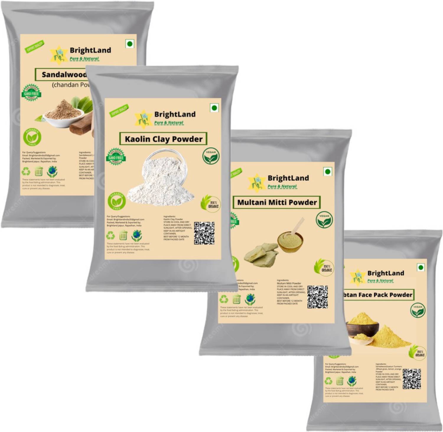 Brightland 50gm sandalwood,50gm Multani, 50gm clay,50gm Ubtan