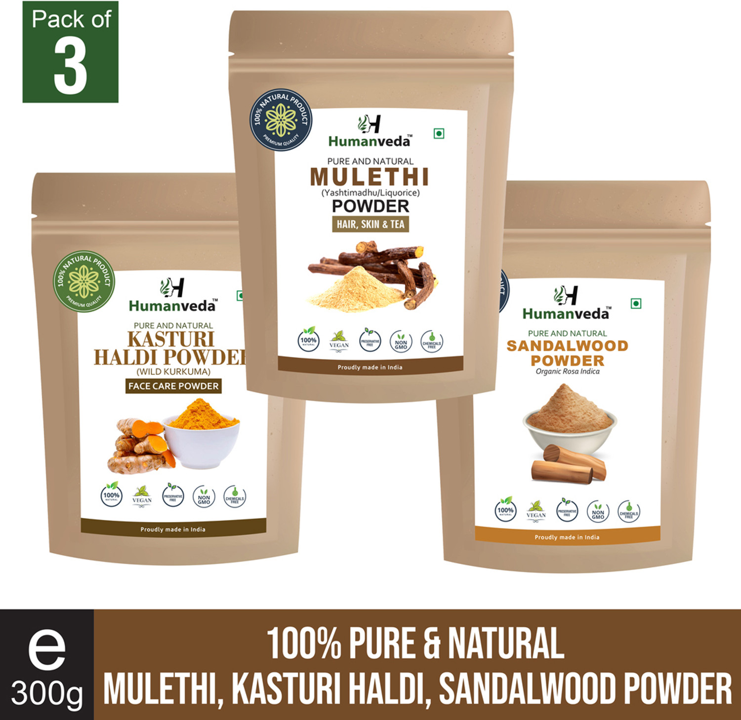 Image of Humanveda Sandalwood Mulethi and Kasturi Haldi / Wild Turmeric Powder (3 x 3 = 300g)