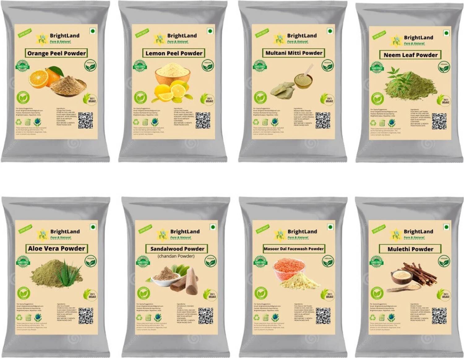 Brightland orange , Lemon , Multani, Neem, Alovera, Sandalwood , Masoor , Mulethi 50g each