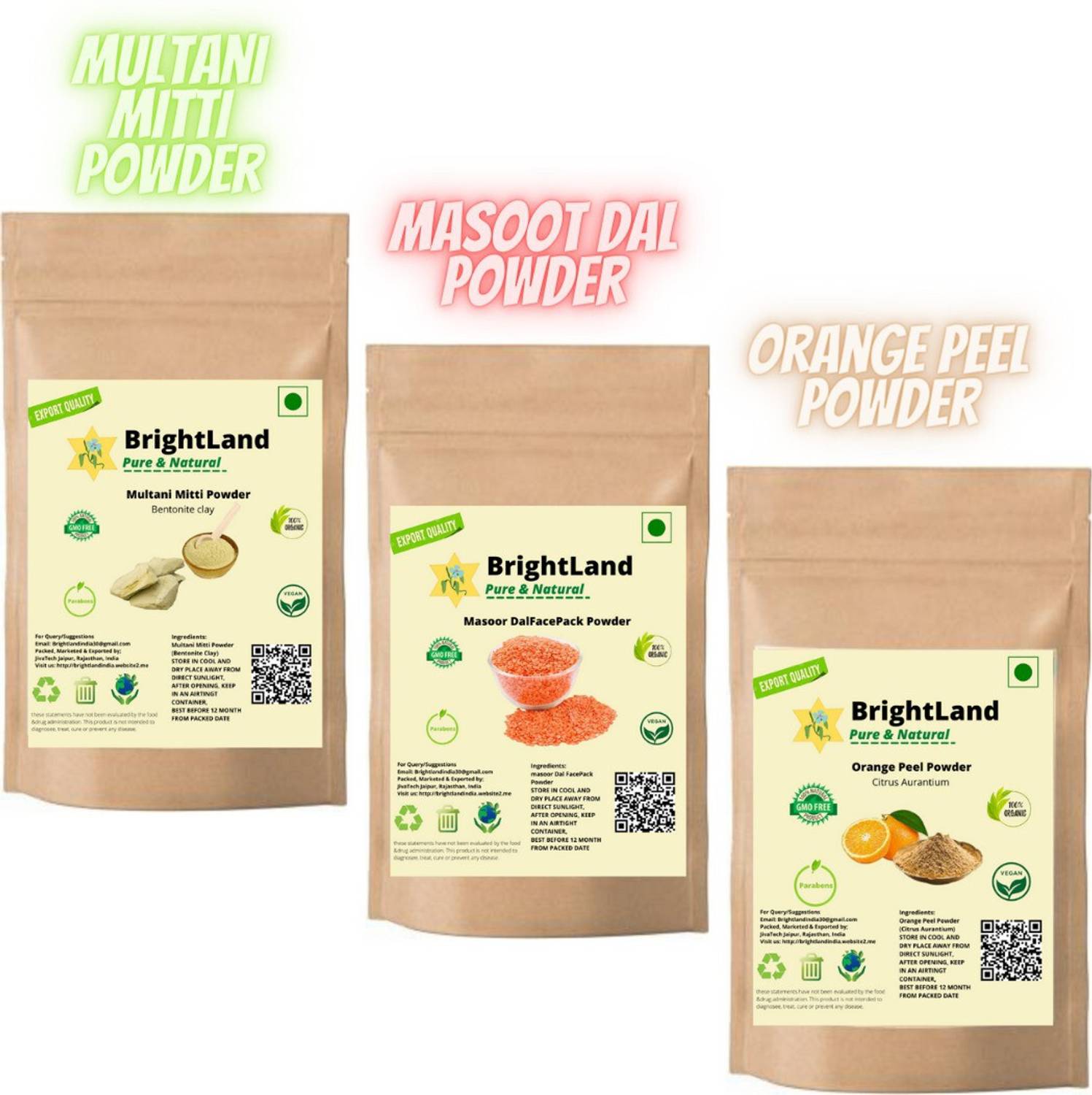 Brightland 100% Pure & Natural Orange peel, Masoor Dal & Multani mitti powder pack of 3 (105gm each)