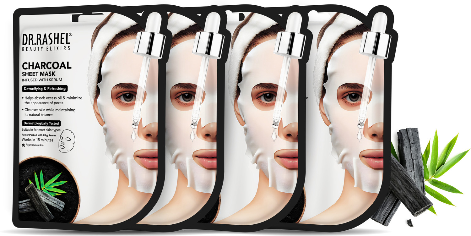 Dr. Rashel CHARCOAL SHEET MASK WITH SERUM THAT CONTROLS OIL, DEEP CLEANSING & PORE CONTROL (PACK OF 4) - 20g*4