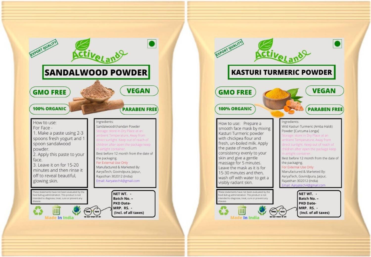 Activeland Kasturi Haldi + Sandalwood Face Pack Powder For face and Skin (100gm Each)