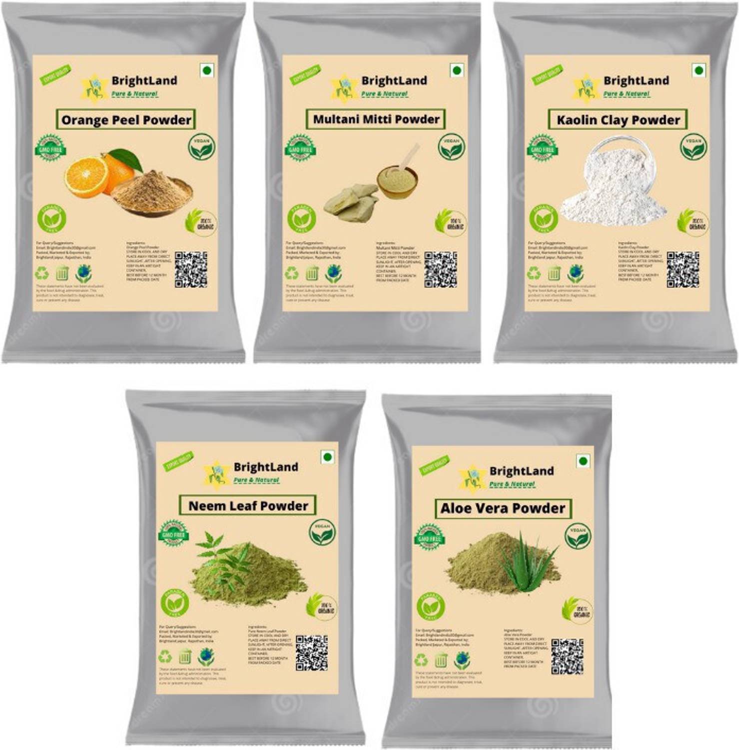 Brightland 50gm orange, 50g multani 50g clay 50g Neem 50g Alovera All powder 50gm each