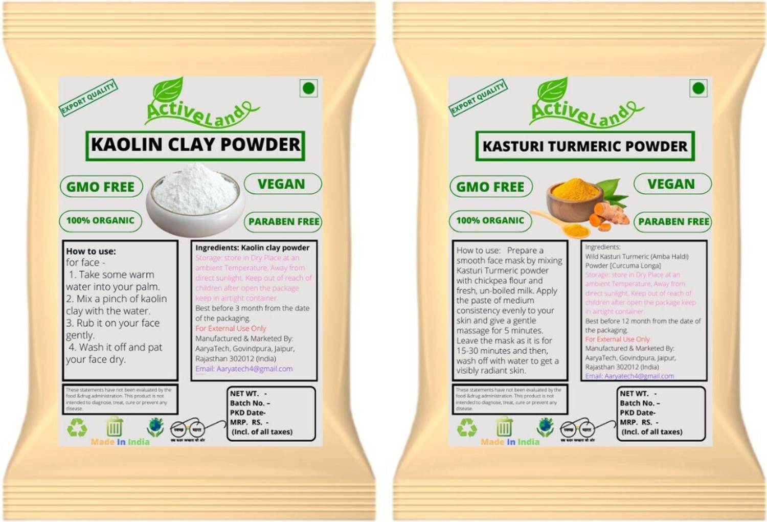Activeland Kaolin Clay And Kasturi Haldi Powder For Face and Skin Care (75gm Each)