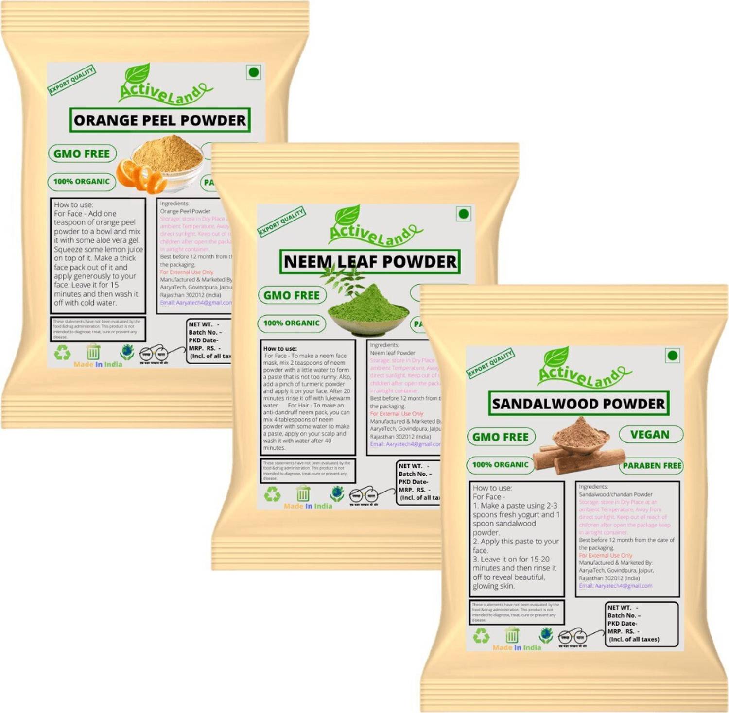Activeland Pure Orange Peel, Neem Leaf And Sandalwood Powder (100gm Each)