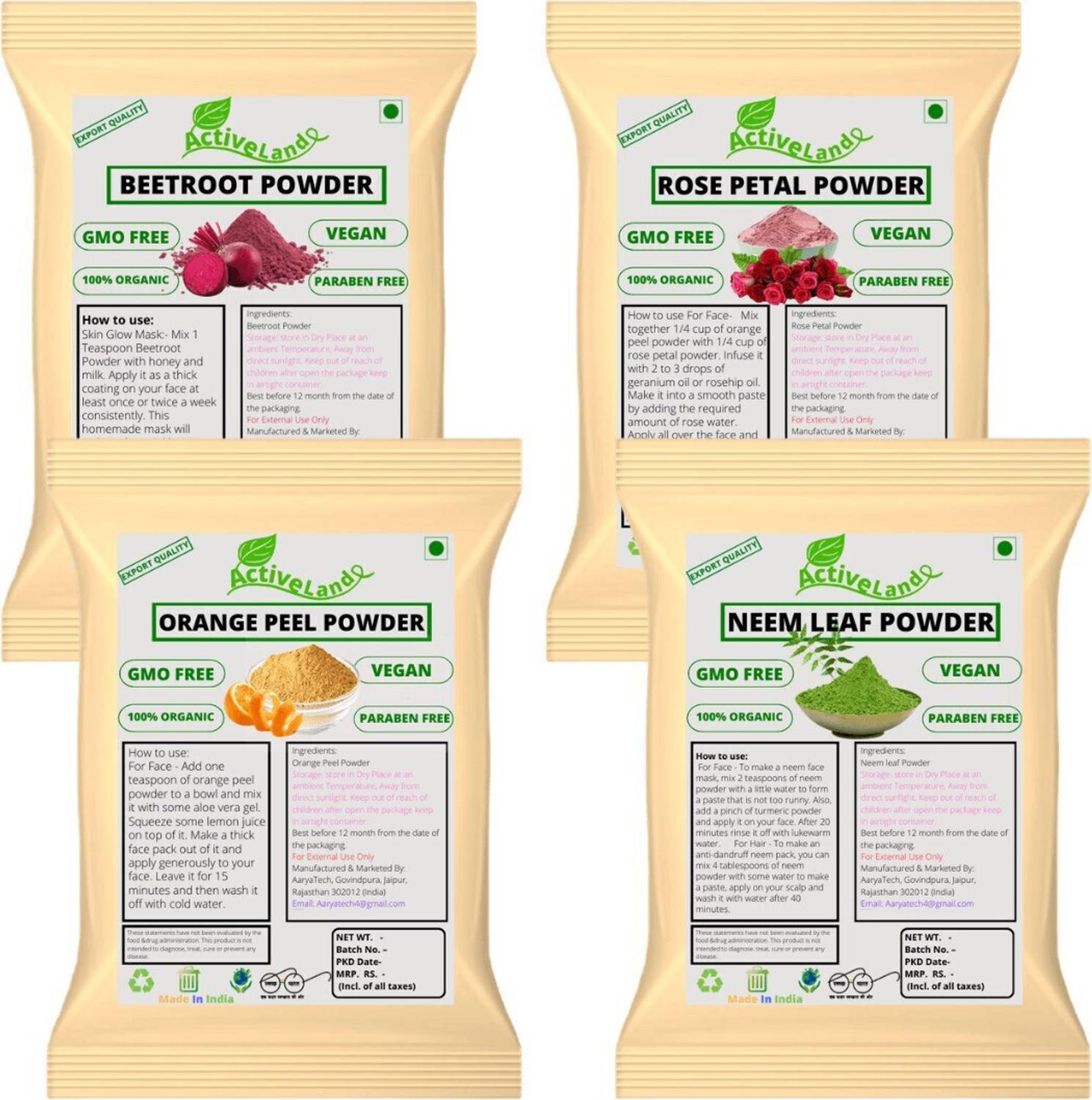 Activeland Pure Orange Peel, Beetroot, Neem Leaf and Rose Petal Powder For Face (75gm Each)