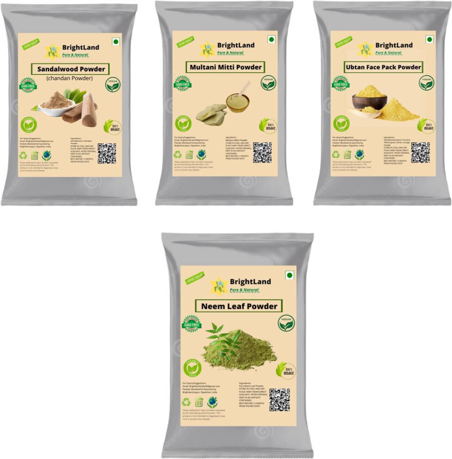 Brightland 50gm Sandalwood , 50gm Multani 50gm Neem , 50gm Ubtan (7 Filter powder)