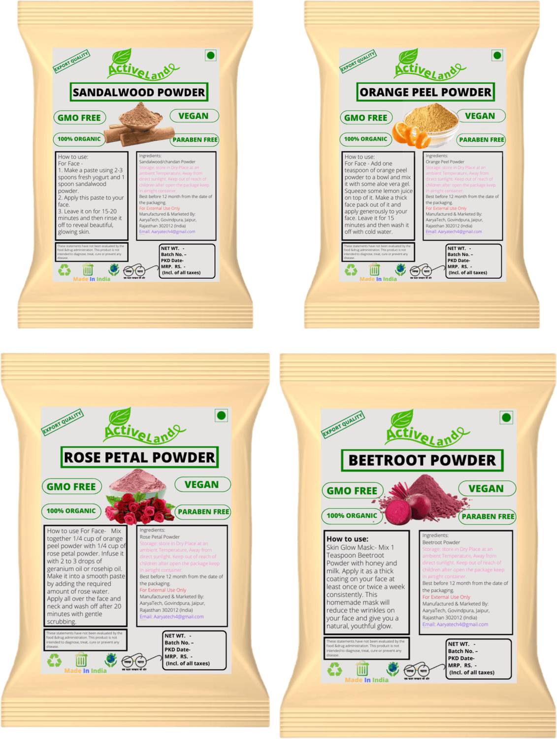 Activeland Sandalwood Face pack orange peel Rose Beetroot powder 50gm each