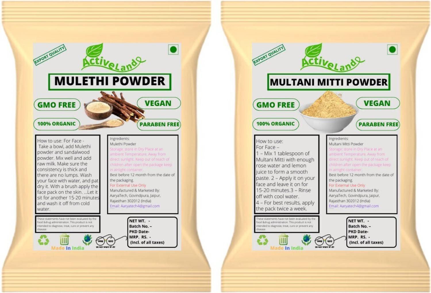 Activeland Pure Multani Mitti & Mulethi powder For Face & Skin Care(75g Each)