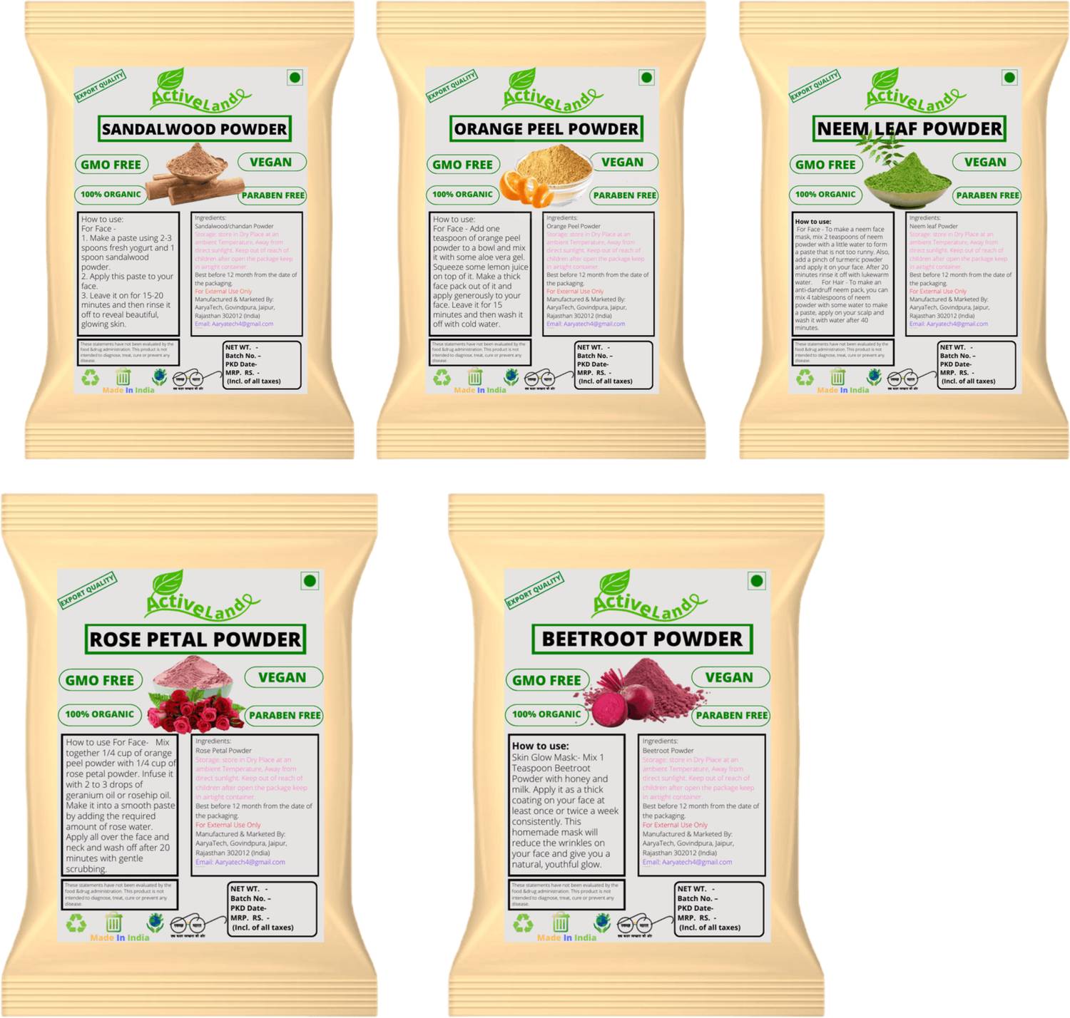Activeland Sandalwood Face pack orange peel Rose Beetroot Neem powder 50gm each