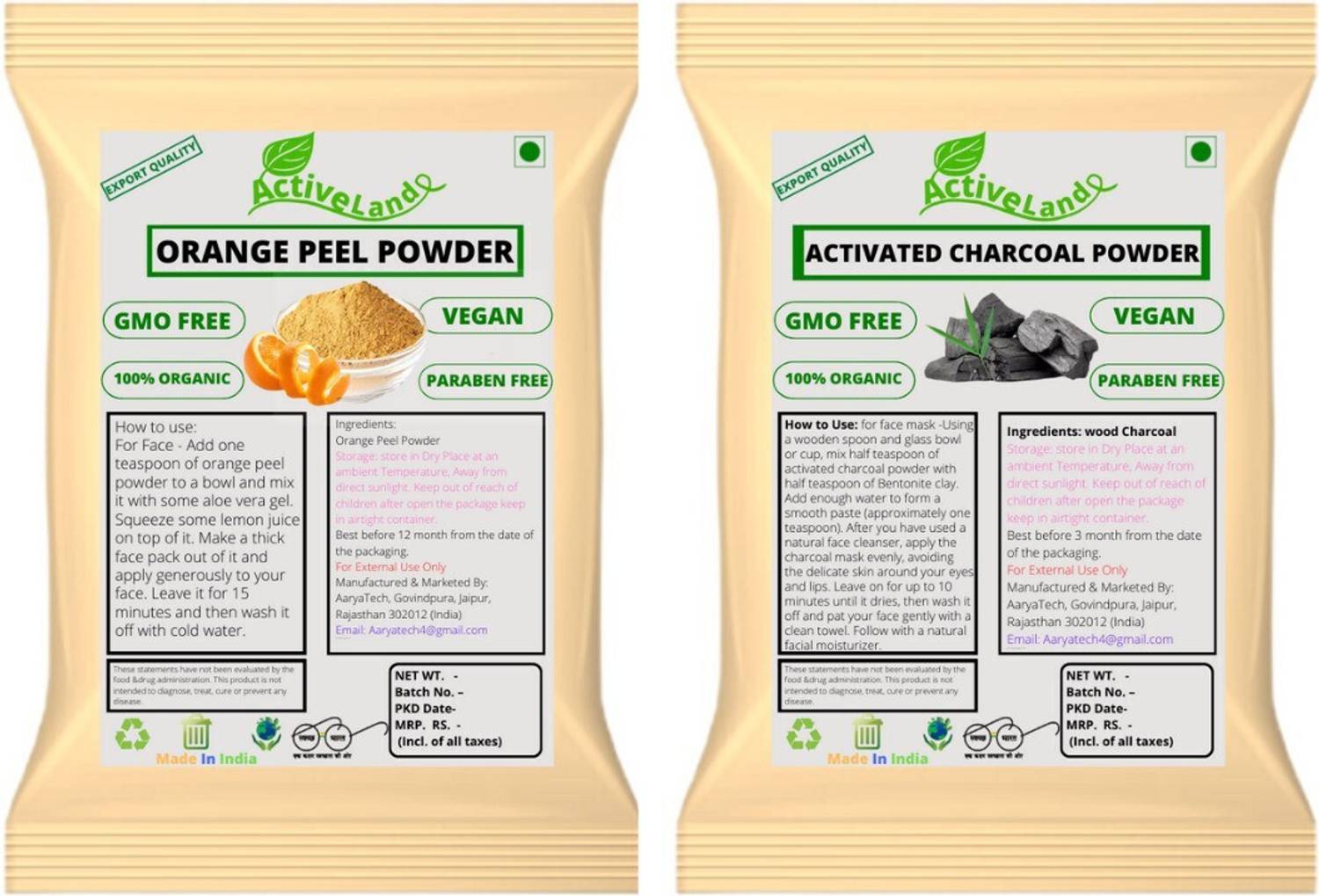 Activeland Natural Orange Peel Powder and Activated Charcoal Powder (100gm Each)