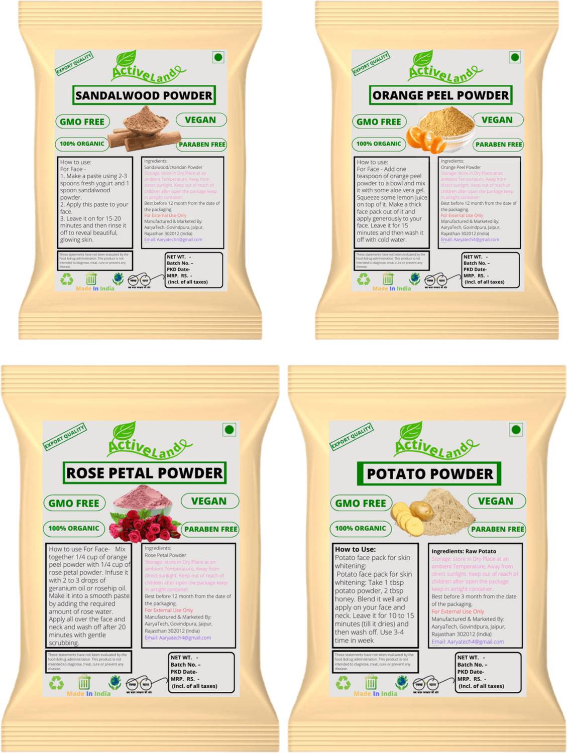 Activeland Sandalwood Face pack orange peel Rose Potato powder 50gm each