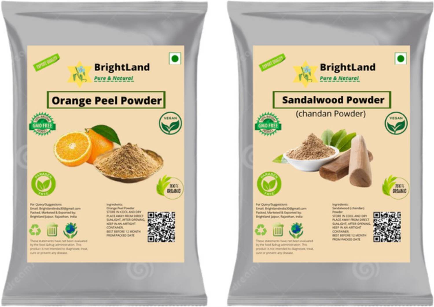 Brightland 100% Pure and Natural orange peel powder and sandalwood( chandan powder) 50gm each pack of 2