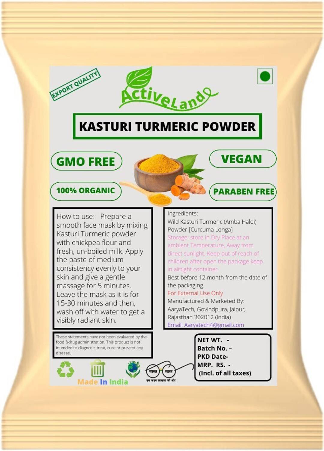 Activeland Pure Wild Amba Haldi Kasturi Turmeric Manjal Powder for Face and Skin Care