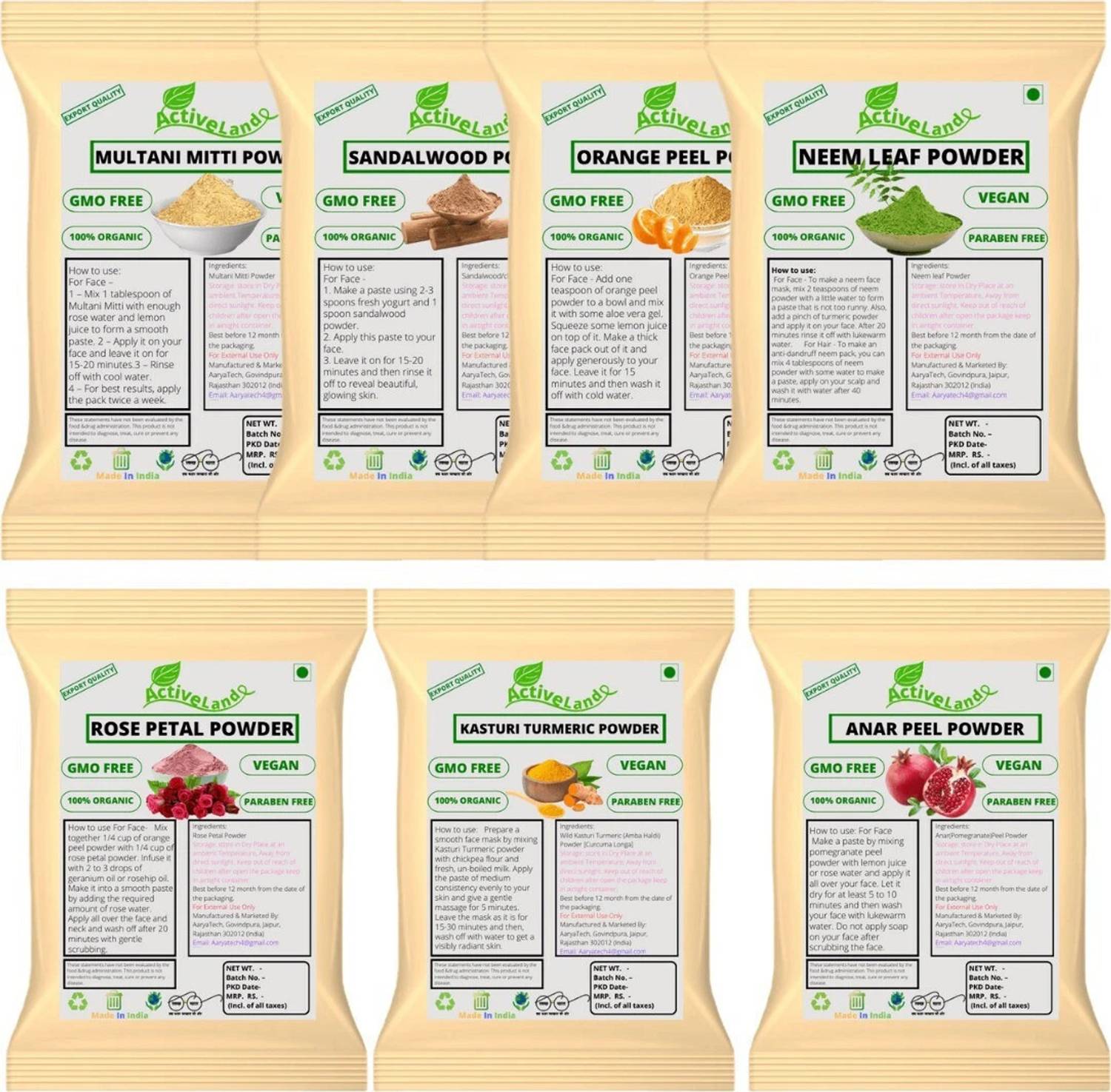 Activeland Orange, Multani mitti, Sandalwood, Neem, Rose, Kasturi Haldi & Anar Peel Powder