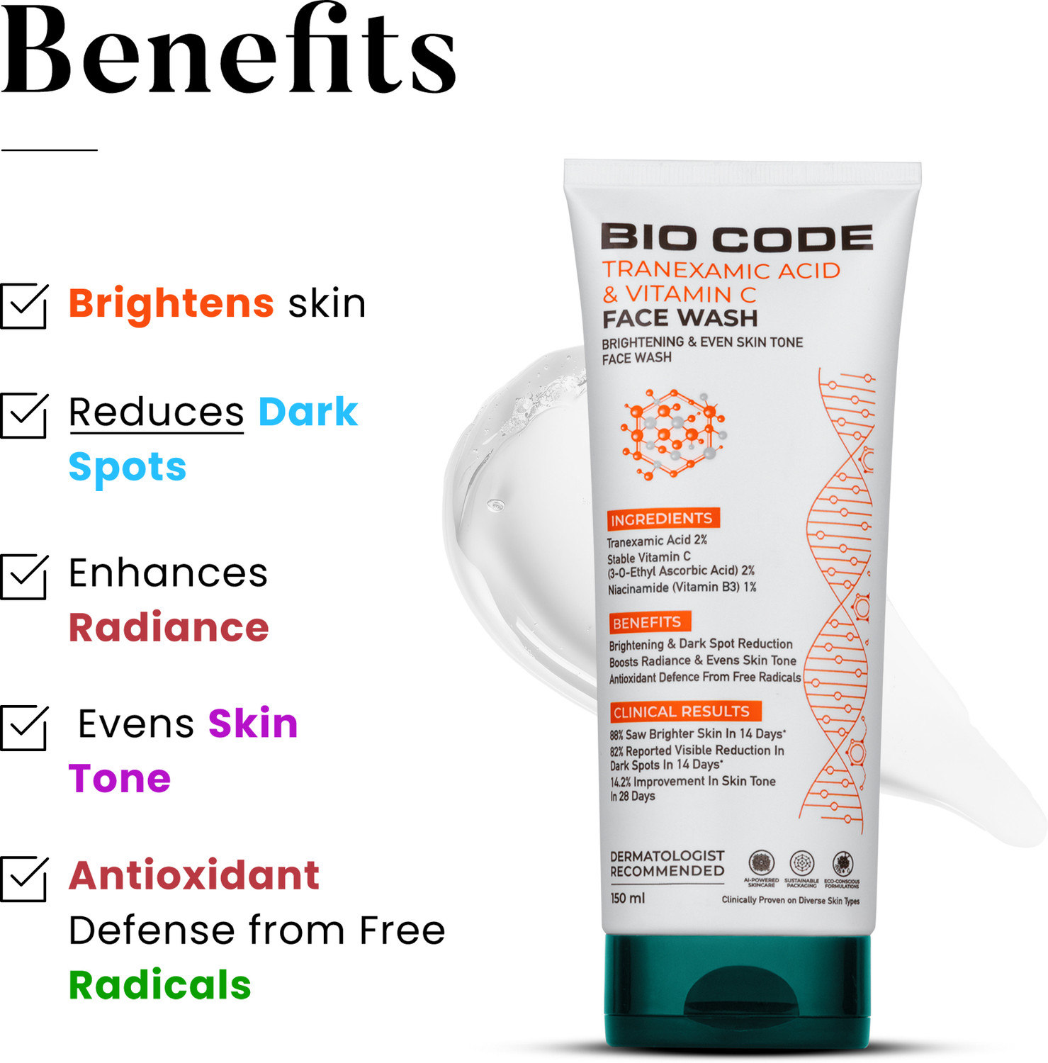 Image of BIO CODE Tranexamic Acid & Vitamin C Brightening & Even Tone | AI-Enhanced Formula | Dermatologist Recommended | 150ml Face Wash