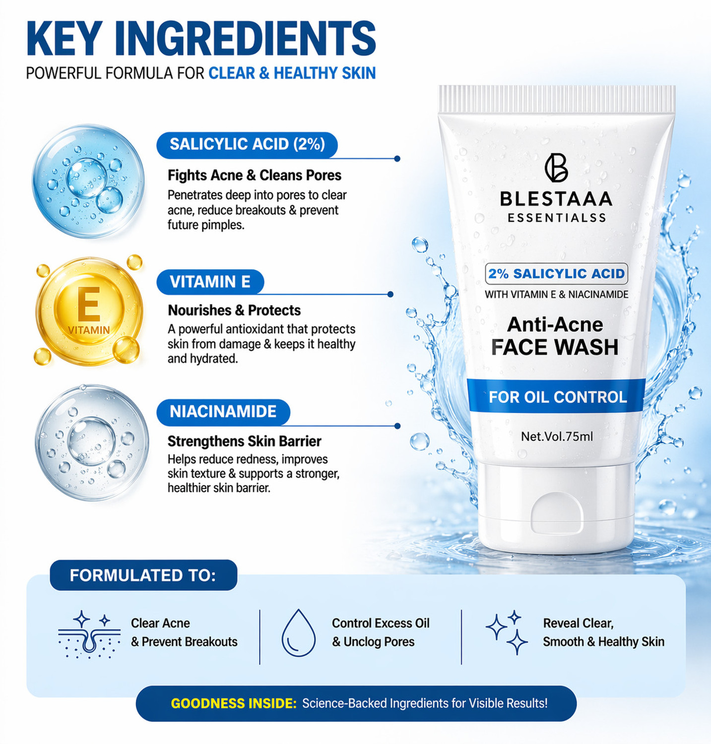 Image of blestaaa essentialss 2% Salicylic Acid For Oily Skin Anti Face Cleanser With Niacinamide & Vitamin E For Acne Face Wash