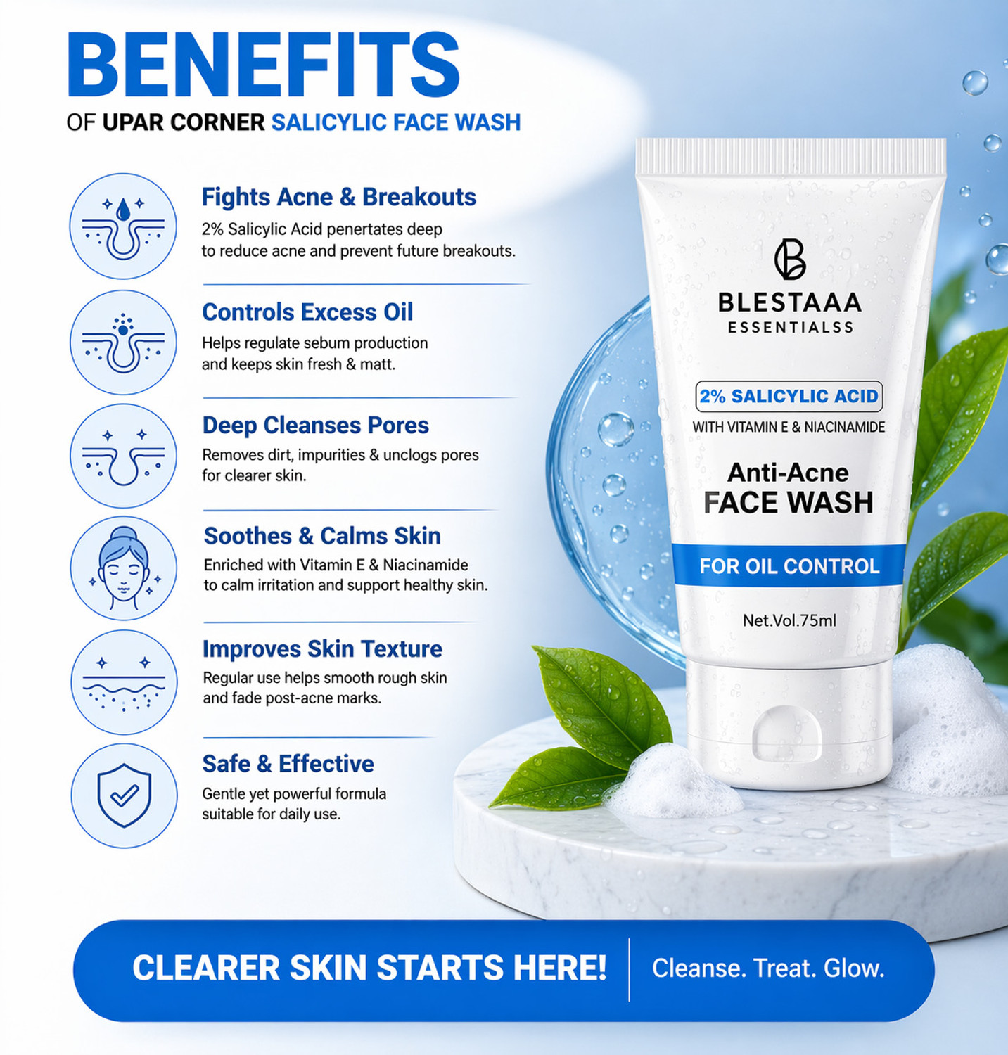 Image of blestaaa essentialss 2% Salicylic Acid For Oily Skin Anti Face Cleanser With Niacinamide & Vitamin E For Acne Face Wash