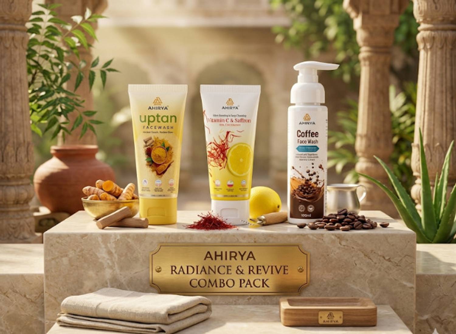 AHIRYA Combo Pack Uptan, Vitamin C & Saffron Gel, and Coffee Fa