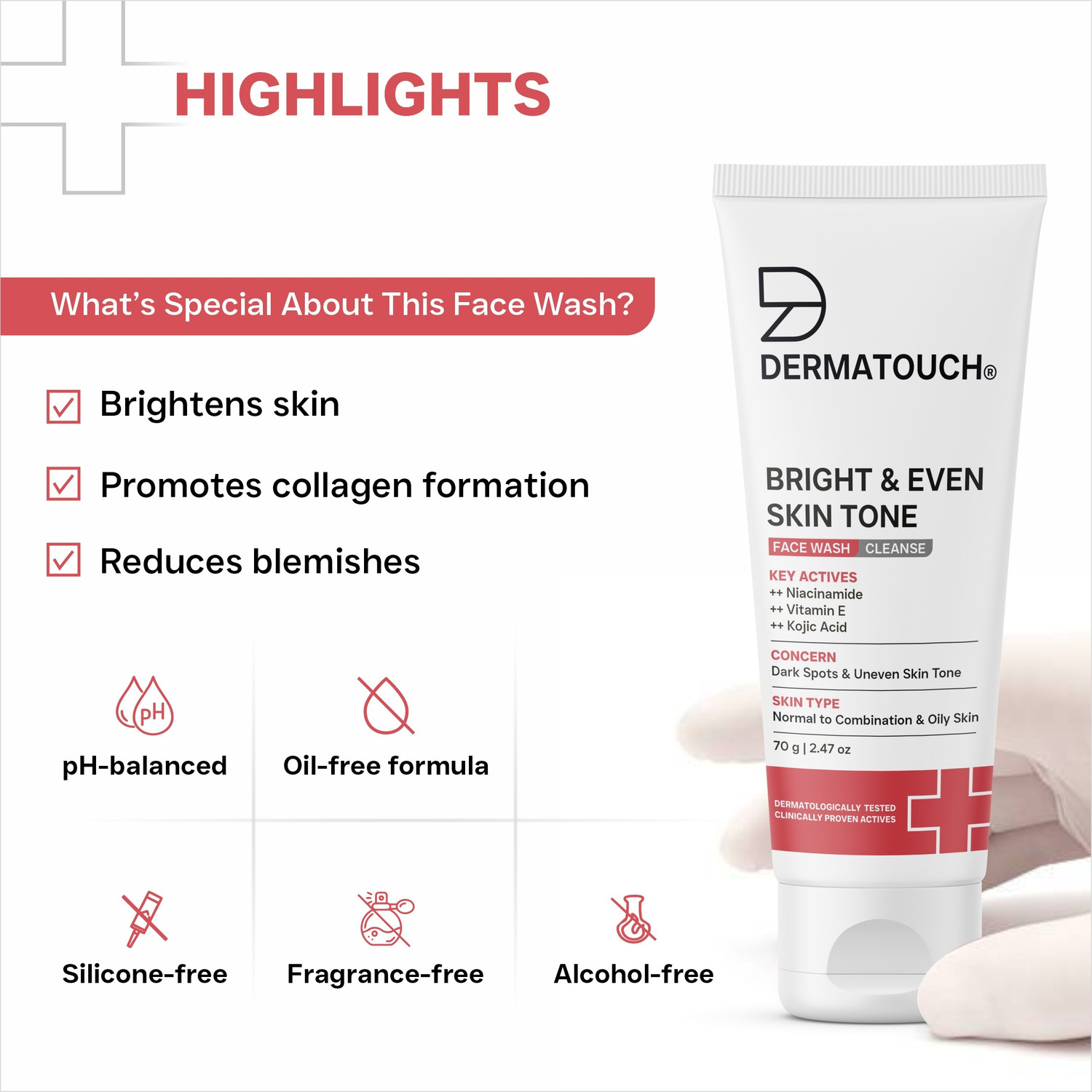 Image of Dermatouch Bright & Even Tone with Niacinamide, Vitamin E and Kojic Acid | Daily Gentle For Tan, Pigmentation, Uneven Tone |(Pack of 3) Face Wash