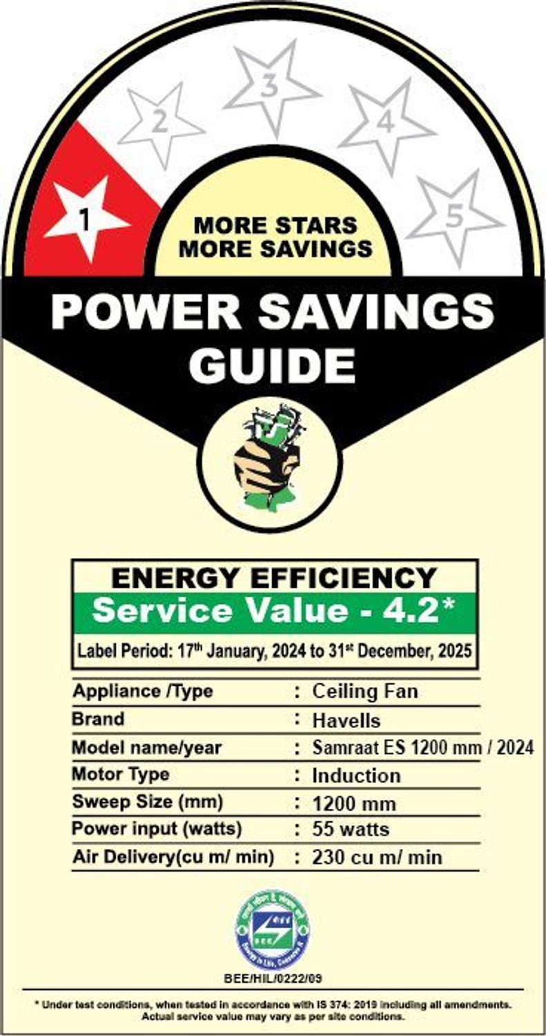 Image of HAVELLS Samraat ES|Energy Efficient | Low Noise| 55W| Aerodynamically designed Blades with 2 Year Warranty Energy Saving 1200 mm Ceiling Fan