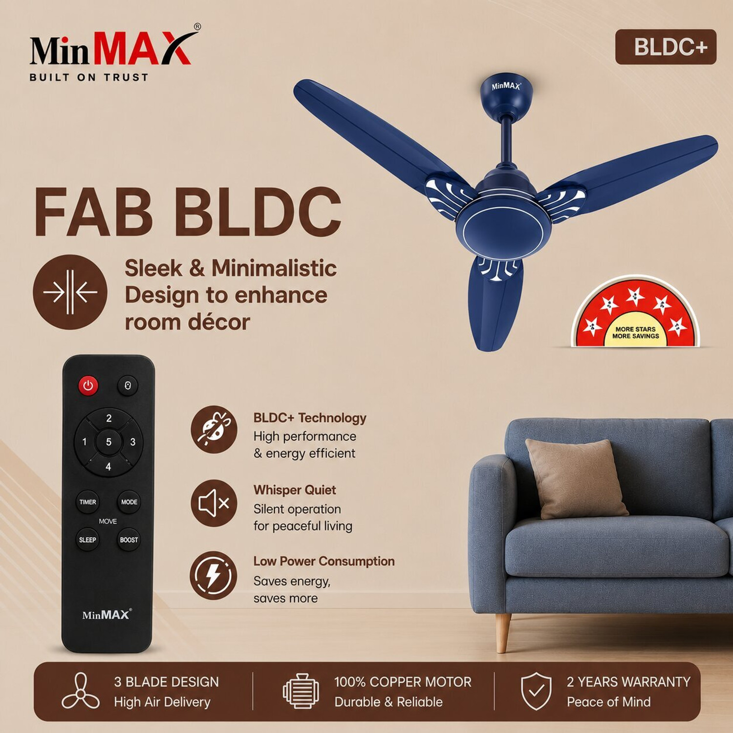 Image of MinMAX Premium bldc Ceiling Fan | Stylish 3 Blade High Speed Fan | Blue with 24 Months Warranty BLDC Motor with Remote, BLDC Motor, Energy Saving, Remote Controlled, Ultra High Speed 1200 mm Ceiling Fan