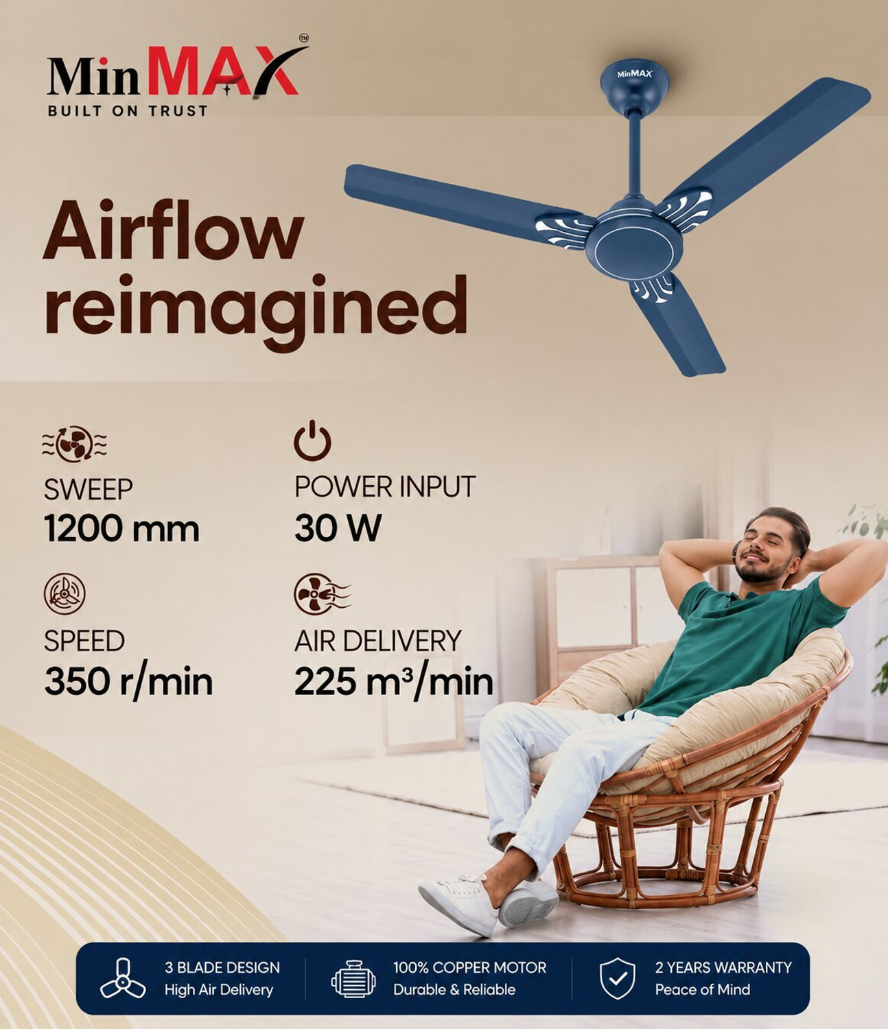 Image of MinMAX Premium bldc Ceiling Fan | Stylish 3 Blade High Speed Fan | Blue with 24 Months Warranty BLDC Motor with Remote, BLDC Motor, Energy Saving, Remote Controlled, Ultra High Speed 1200 mm Ceiling Fan
