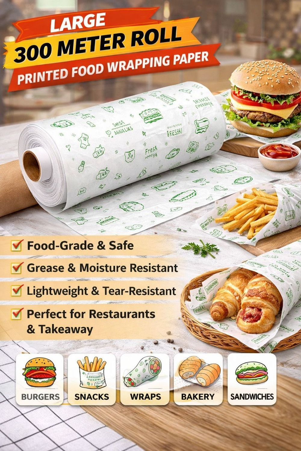 Image of VANSH 300 Meter Printed Food Wrapping Paper Roll | Food Grade & Greaseproof Paper Foil