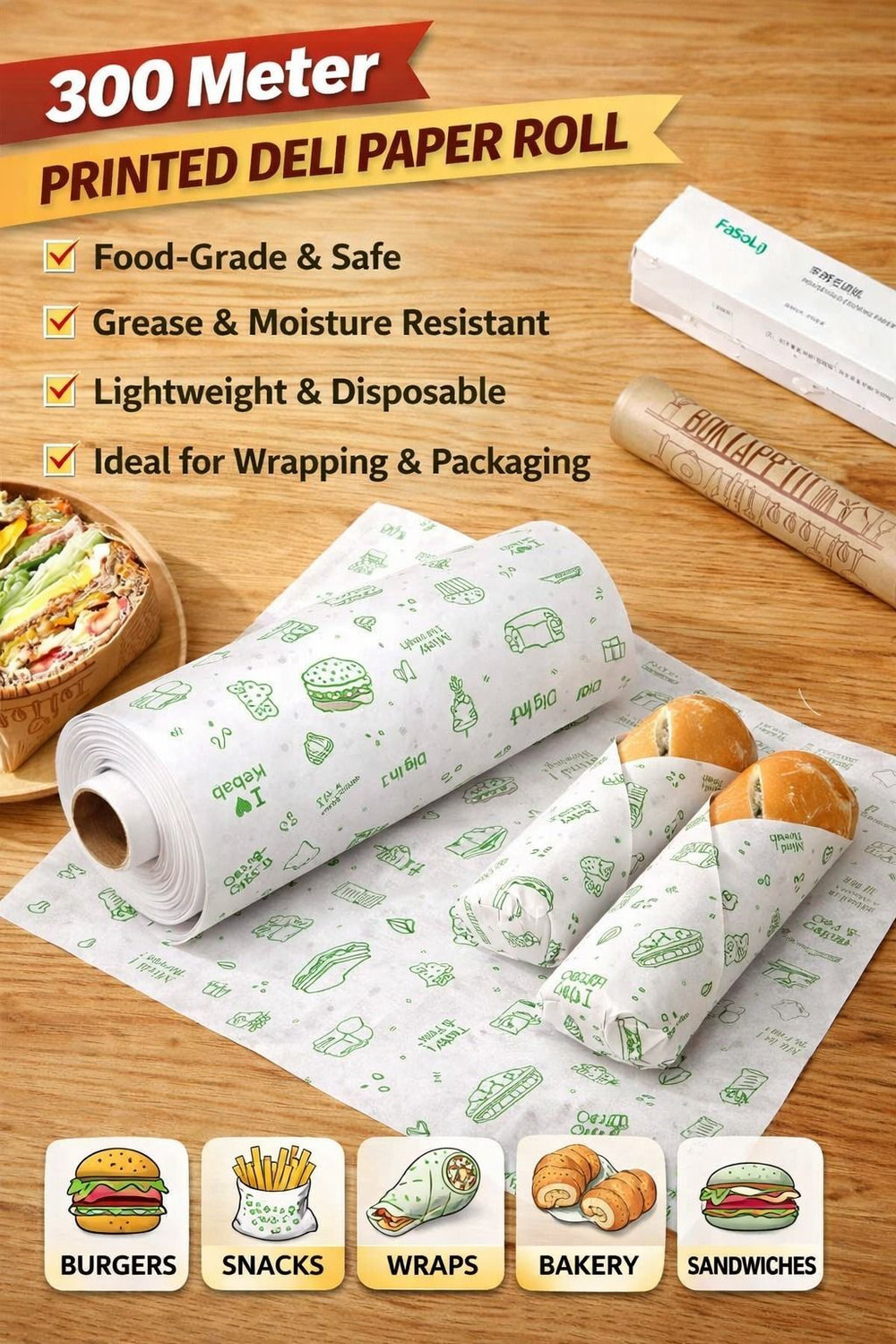 Image of VANSH 300 Meter Printed Food Wrapping Paper Roll | Food Grade & Greaseproof Paper Foil