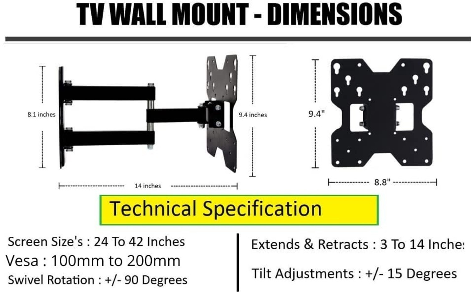 Image of merugni 32 to 43 inch MOVABLE WALL MOUNT Compatible For All Led Lcd Full Motion TV Mount