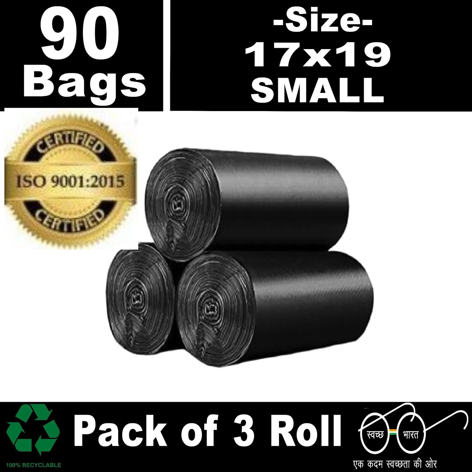 Image of Reforce Black Dustbin Covers 100% Biodegradable 7 L -17x19 inch(Pack of 3,90 Pcs,Small) Small 7 L Garbage Bag (90Bag )